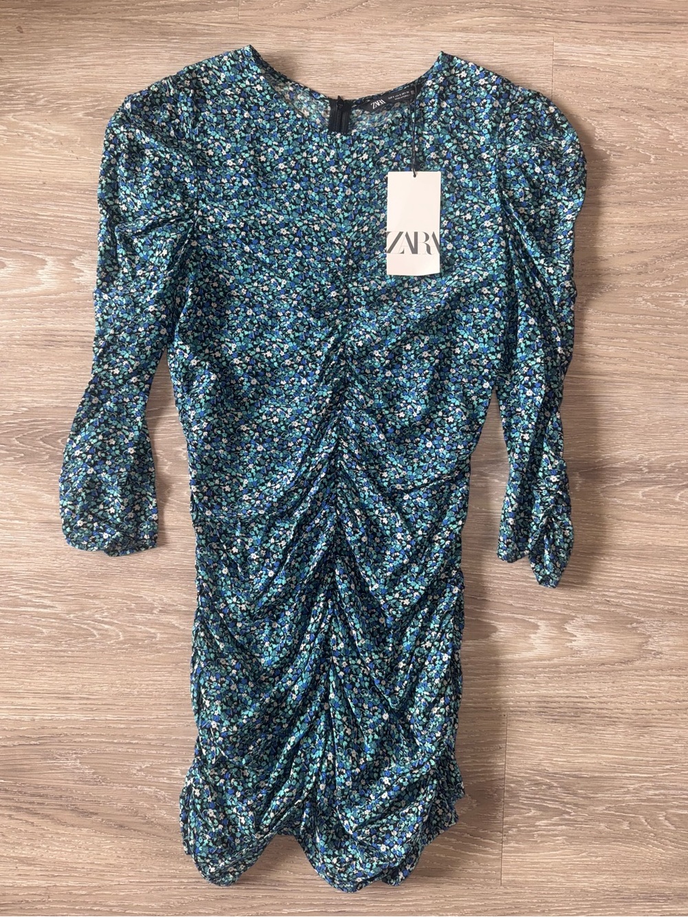 ZARA Teal & Navy Floral Ruched Mini Dress
